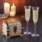 Casa Vivente Set Cadeau pour Le Mariage 2 flûtes à Champagne et Coffre d'argent avec Gravure Personnalisé avec [Noms] et [Date] Motif Tourtereaux Cadeau de Mariage Cadeau pour Couples