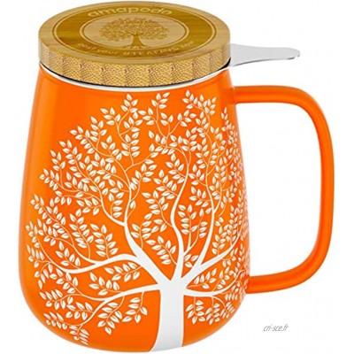 amapodo Tasse à thé avec Couvercle et passoire 650 ML Cadeau XXL Grande Porcelaine Set Orange pour thé en Vrac