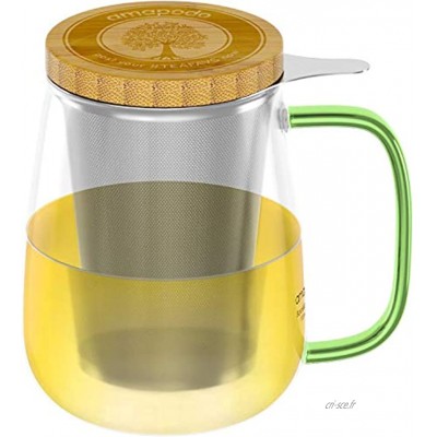 amapodo Verre à thé avec passoire et couvercle 700 ml Grande tasse à thé en verre XXL avec anse Sans plastique