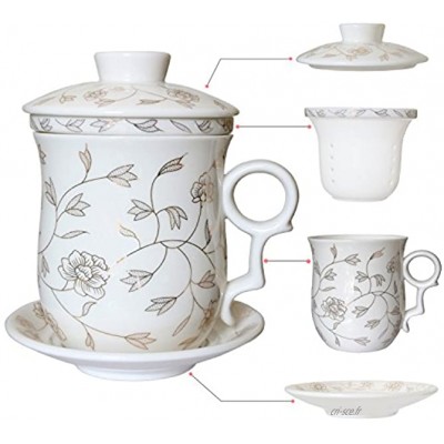 Hollihi Tasse en porcelaine avec couvercle soucoupe et infuseur tasse à thé chinoise en porcelaine de Jingdezhen idéale pour café ou feuilles de thé pour la maison ou le bureau