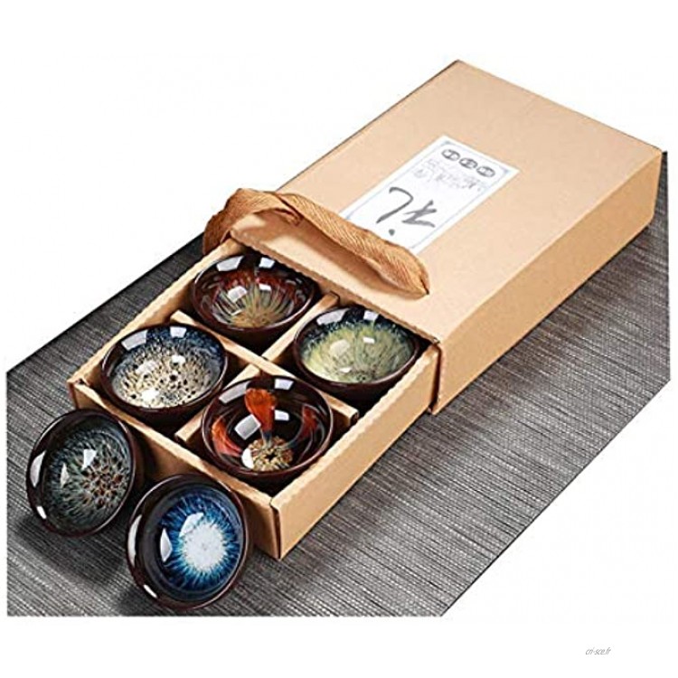 JianZhan Tenmoku Lot de 6 tasses à thé en céramique faites à la main avec boîte cadeau