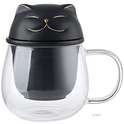 JIAQI Tasse à thé en verre en forme de chat avec infuseur et couvercle en céramique 350 ml