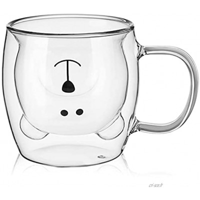 Tasse à thé à double paroi en verre avec poignée isolée Motif ours mignon cadeau d'anniversaire pour femme et homme 250 ml Blanc