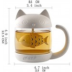 Tasse à thé avec couvercle infuseur Tasse à thé en verre chat mignon Tasse à infusion tasse à thé chat Cadeau 12.5X8.6X11.9cm Blanc