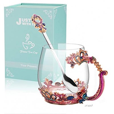Tasse à thé en verre tasse à café à thé en forme de fleur en cristal ANBET tasse à fleurs abricot couleur émail avec cuillère délicate et boîte-cadeau cadeau d'anniversaire pour femme 11 OZ