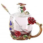 Tasse a Thé Fleurs Rose,Saijer avec Couvercle Tasse à Café avec Cuillère Tsse à thé Coupe Verre Transparent Combinaison Utilisé pour Faire du thé ou du Café et Boire Rouge
