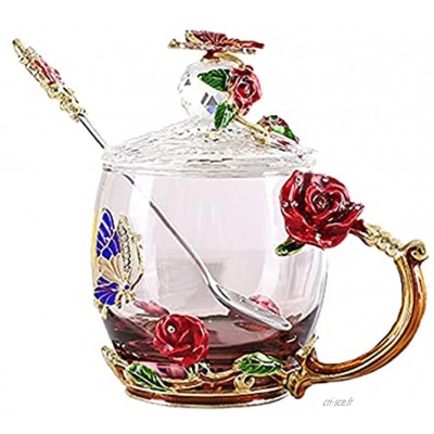 Tasse a Thé Fleurs Rose,Saijer avec Couvercle Tasse à Café avec Cuillère Tsse à thé Coupe Verre Transparent Combinaison Utilisé pour Faire du thé ou du Café et Boire Rouge