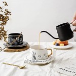 WILDKEN Tasse À Café avec Soucoupe en Porcelaine，Bone China Chat de dessin animé Tasse à thé avec cuillère ，pour la maison les restaurants la famille ou les amis de style moderne blanc