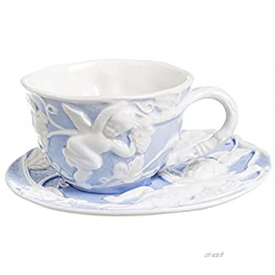YUDIZWS Tasses à thé en Porcelaine Ensembles de Tasses à Café et Soucoupes à Motif de Relief Vintage 220 ML pour la Maison Les Restaurants,Bleu
