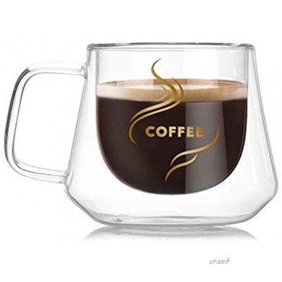Victory-eu Tasse à café isotherme 200 ml double paroi en verre avec poignée gobelet en verre transparent pour café