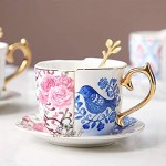 Ensemble tasse et soucoupe 13 x 6 cm en céramique bleue irrégulière motif fleurs et oiseaux