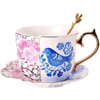 Ensemble tasse et soucoupe 13 x 6 cm en céramique bleue irrégulière motif fleurs et oiseaux