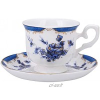 fanquare Vintage Tasse à Café expresso Motif de Rose Bleues Ensemble de Tasse et Soucoupe en Porcelaine 160 ml
