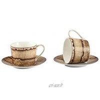 GuangYang Lot de 2 tasses à thé et soucoupes en porcelaine de 220 ml motif grain de bois avec soucoupe coffret cadeau