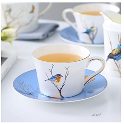 Tasse de café Coupe de café de luxe en euros et soucoupe bleue osseuse chinoise Chine tasse à thé modèle d'oiseau arbre et décoration de bord doré pour le café le thé 6,8 oz Tasse à café exquise