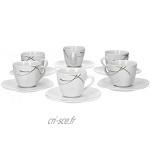 Van Well Lot de 6 tasses à café Donna de 20 cl + soucoupes de 14,5 cm en porcelaine blanche avec lignes décoratives noires grises et vertes
