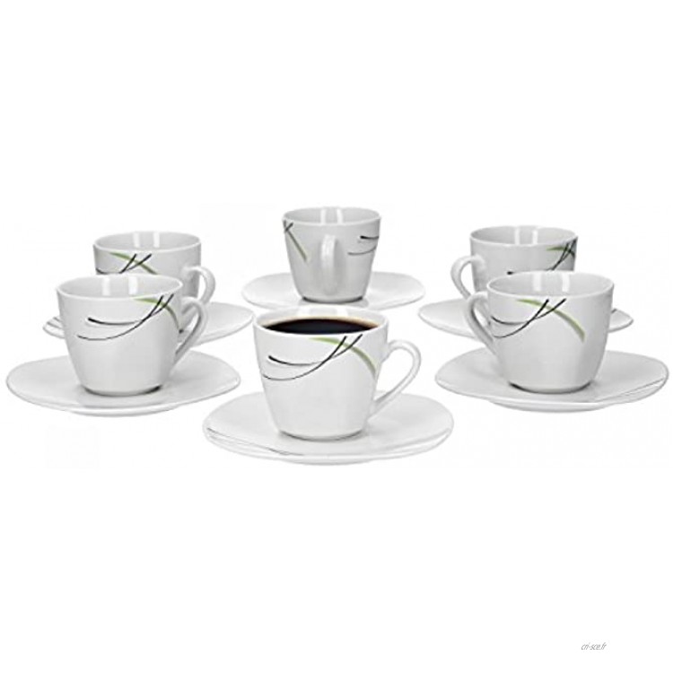 Van Well Lot de 6 tasses à café Donna de 20 cl + soucoupes de 14,5 cm en porcelaine blanche avec lignes décoratives noires grises et vertes