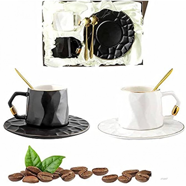 Watenkliy Lot de tasses à café avec soucoupes et cuillères En porcelaine 180 ml Bords dorés Pour café café glacé expresso thé Noir et blanc