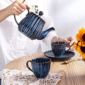 WECDS Service à thé avec théière Ensembles de thé en Porcelaine pour Adultes Ensemble de thé de l'après-midi Tasse à café et Soucoupe de 2 Ensembles de Tasses à café Bleu Vintage