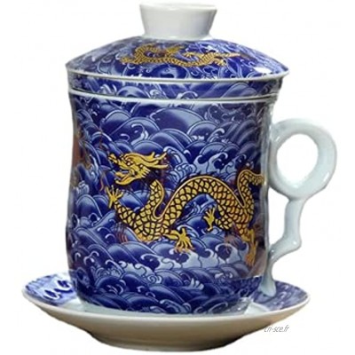 WYGOAKG Ensemble de tasses à thé chinoises rétro en porcelaine bleue et blanche avec soucoupe et couvercle infuseur 260 ml