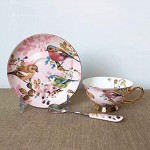 YBK Tech Ensemble tasse et soucoupe style européen en porcelaine anglaise pour thé et café Motifs oiseaux et arbres rose clair