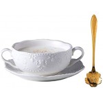 YBK Tech Tasse à petit-déjeuner en porcelaine anglaise avec soucoupe et cuillère Blanc