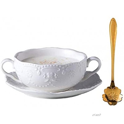 YBK Tech Tasse à petit-déjeuner en porcelaine anglaise avec soucoupe et cuillère Blanc