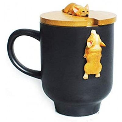 Mug Corgi mignon Tasses à café en céramique avec couvercle en bambou Fabriqué à la main Animal chien 3D Tasse de thé Cadeau de nouveauté Pour les enfants Amateurs de bureau 12oz 350ML Noir