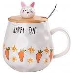 Wisolt Tasse en céramique avec couvercle en bois tasse en forme de lapin tasse à café mignonne avec couvercles et cuillère Mug à café lapin rose pour café thé eau lait