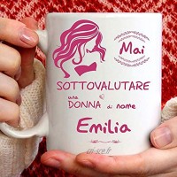 Mug Emilia amusant pour petit-déjeuner thé tisana café cappuccino. Gadget tasse personnalisée : ne sous-estimer pas une femme de nomeemilia. Également comme idée cadeau originale et amusante.