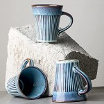 Tasse à café faite à la main de 8,5 oz tasses à thé en céramique rétro rayures verticales glacis réactif tasses à cappuccino pour la maison et le bureau lavable au lave-vaisselle bleu lac 1