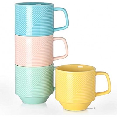 Adewnest Lot de 4 grandes tasses à café empilables en céramique pour café moka latte thé lait – 4 couleurs assorties couleur froide