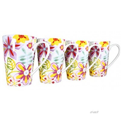 Jameson & Tailor – Set de 4 Mugs en porcelaine brillante modèle « Farandole de fleurs » Tasses à thé ou café – Multicolore Capacité 300ml Résistants aux Lave-vaisselles et micro-ondes