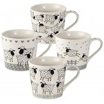 Mugs Tasses à Café Animaux de Ferme Ensemble de 4 Motifs Moutons Grande Céramique Porcelaine Noir et Blanc Cadeau Amoureux des Animaux
