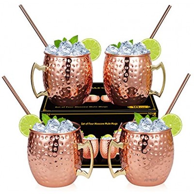 Hossejoy Lot de 4 tasses en cuivre Moscow Mule Moscow Mule 530 ml 4 pailles dans une boîte cadeau Idéal pour cocktail boissons fraîches