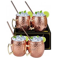 Lot de 4 mugs en cuivre de qualité alimentaire avec paille faits à la main pour cocktail et repas Excellent cadeau