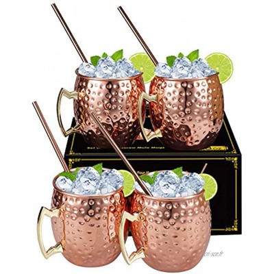 Lot de 4 mugs en cuivre de qualité alimentaire avec paille faits à la main pour cocktail et repas Excellent cadeau