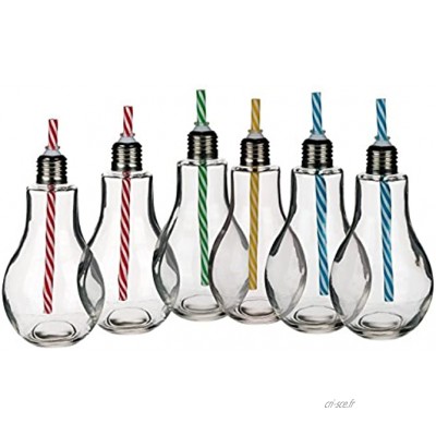 Lot de 6 formes d’ampoules de lumière en verre de 400 ml à gobelet à boire cocktail bocal avec pailles.
