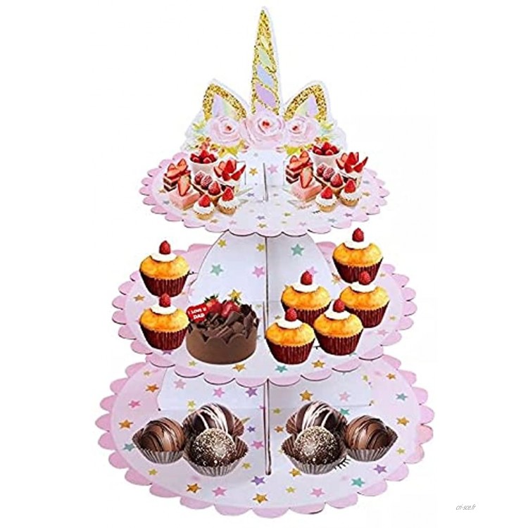 Présentoir à Cupcakes en Carton Présentoir Gâteau Carton 3 Niveaux Support pour Cupcake Licorne Convient pour Bébé Anniversaire Mariage Boulangerie Food Display Remise des Diplômes Noël