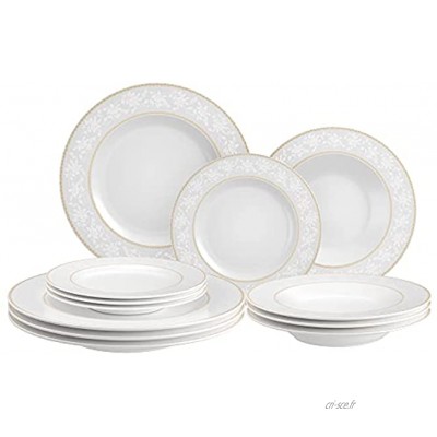 ADDTREE Lot de 12 assiettes rondes en porcelaine pour dessert salade soupe 4 x 26,5 cm 4 x 21,5 cm 4 x 19 cm Passent au lave-vaisselle