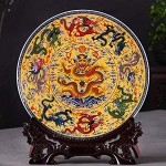 MCWJ Fengshui Art céramique Plaque ornementale Ancienne Chine Neuf Dragons décoration Base en Bois Porcelaine Traditionnelle Chinoise Ensemble de plaques-Support de Dragon