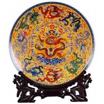 MCWJ Fengshui Art céramique Plaque ornementale Ancienne Chine Neuf Dragons décoration Base en Bois Porcelaine Traditionnelle Chinoise Ensemble de plaques-Support de Dragon