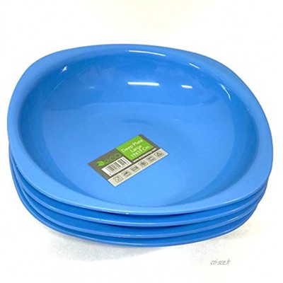 ECO Lot de 4 assiettes creuses en plastique incassables et colorées – 100 % sans danger pour les aliments – Idéal pour le camping l'intérieur l'extérieur et les pique-niques bleu L