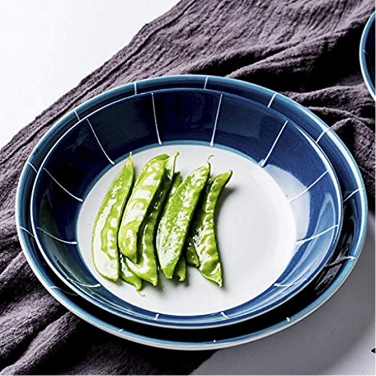 XIUXIU Assiette creuse japonaise assiette creuse salade plat plat à pâtes en céramique bleu rond Taille : 20.3X4CM