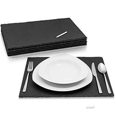 AMAZY Assiettes en Ardoise Set de 6 + Craie de marquage – Sets de Table en Ardoise Naturelle avec Pieds antidérapants pour Tous Vos Repas 40 x 30 cm
