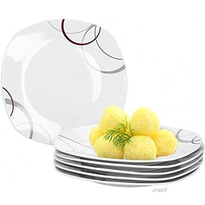 Van Well Lot de 6 assiettes plates Palazzo de 25 cm Assiettes plates en porcelaine blanche avec cercles décoratifs gris et rouge foncé