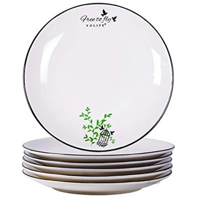 YOLIFE Lot de 6 assiettes en porcelaine de 20,3 cm avec bord noir pour service de table Happy Bird Meet..