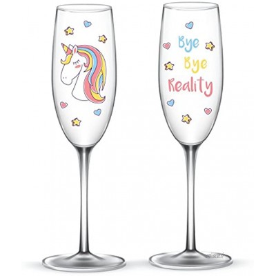 EinhornLiebe® Lot de 2 flûtes à champagne « Bye Bye Reality » en verre de cristal et motif licorne Dans un emballage cadeau en carton