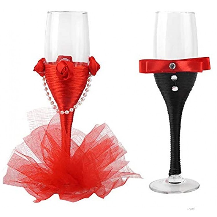 Flûtes à Champagne de mariage robe de plume rouge de 8,8 pouces costume noir mariée et le marié verre de grillage