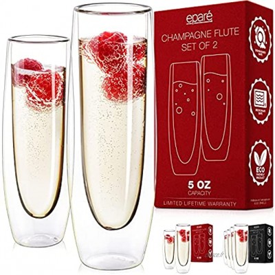 Flûtes à champagne Eparé ensemble de verres à paroi isolante sans pied 5 oz 150 ml – flûte pour vin de déjeuner & cocktails de mariage – verres réutilisables – 2 verres